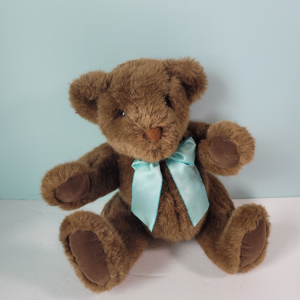Douglas Cuddle Toys Brown Bear Poseable Limbs Satin Bow Stitched Nose VTG Korea